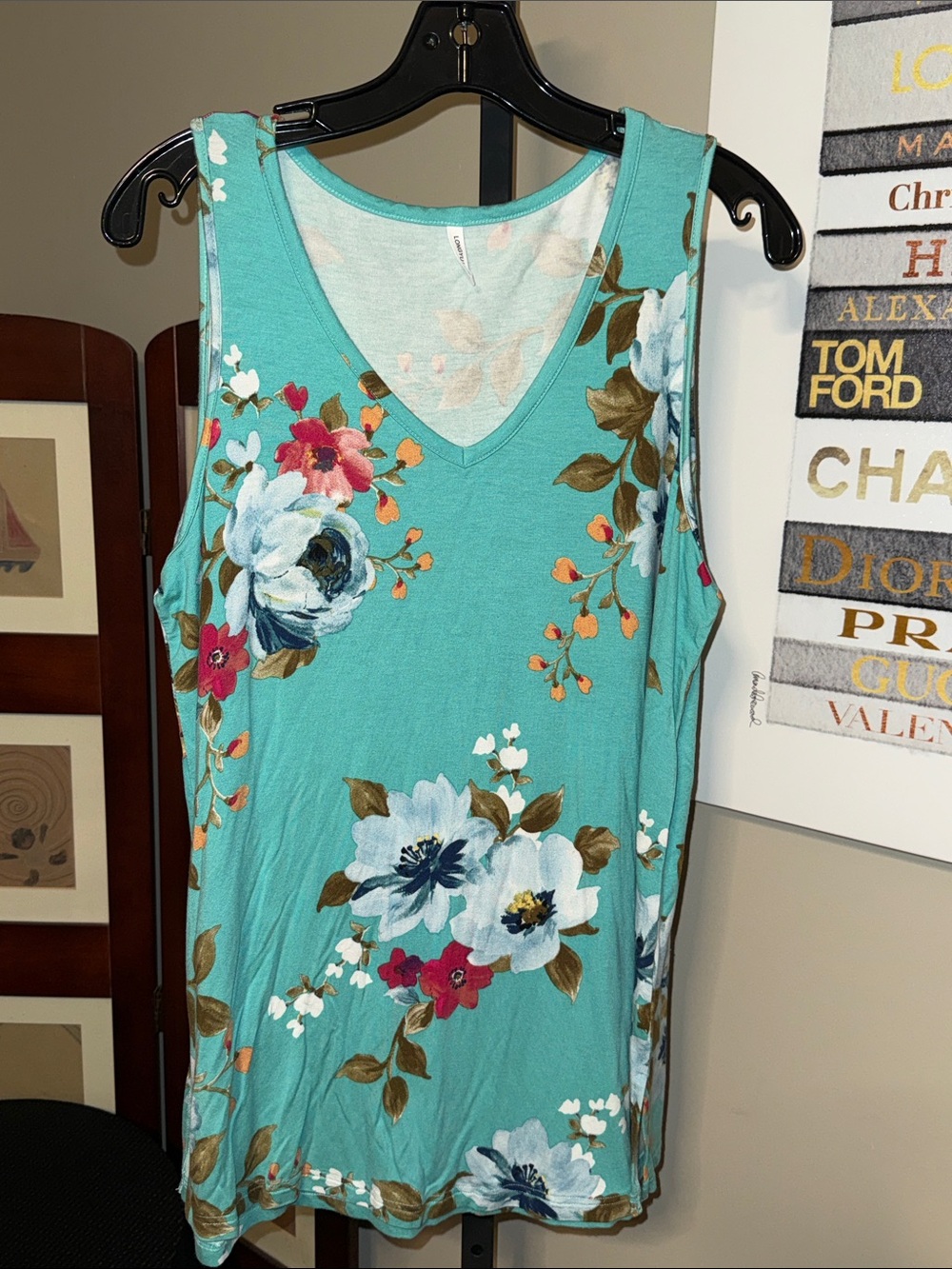 Longyuan Floral V-Neck Tank Top in Teal